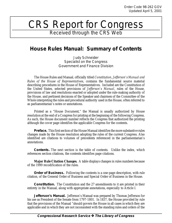 House Rules Manual Summary of Contents