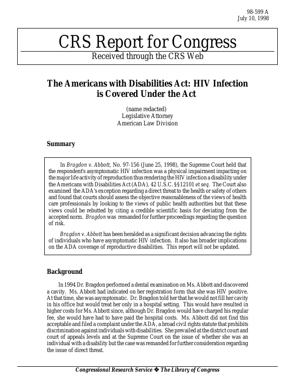 The Americans with Disabilities Act HIV Infection is Covered Under the