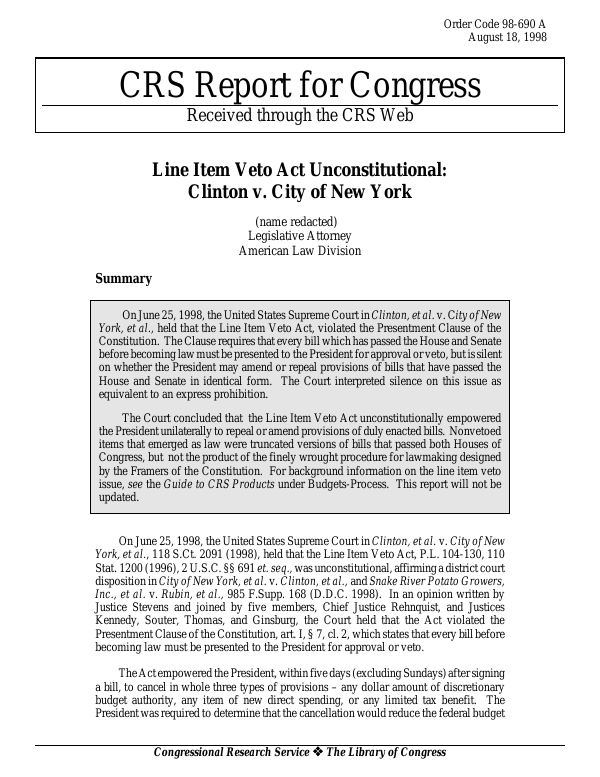 Line Item Veto Act Unconstitutional Clinton v. City of New York