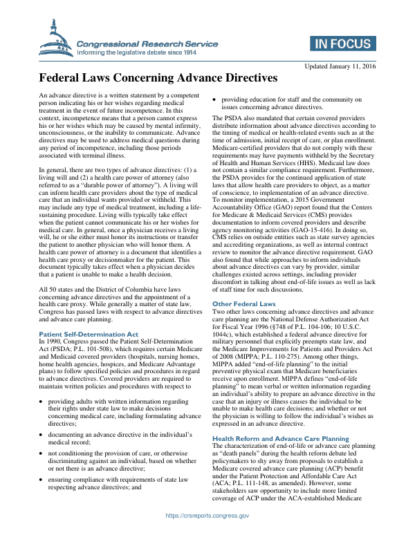Federal Laws Concerning Advance Directives