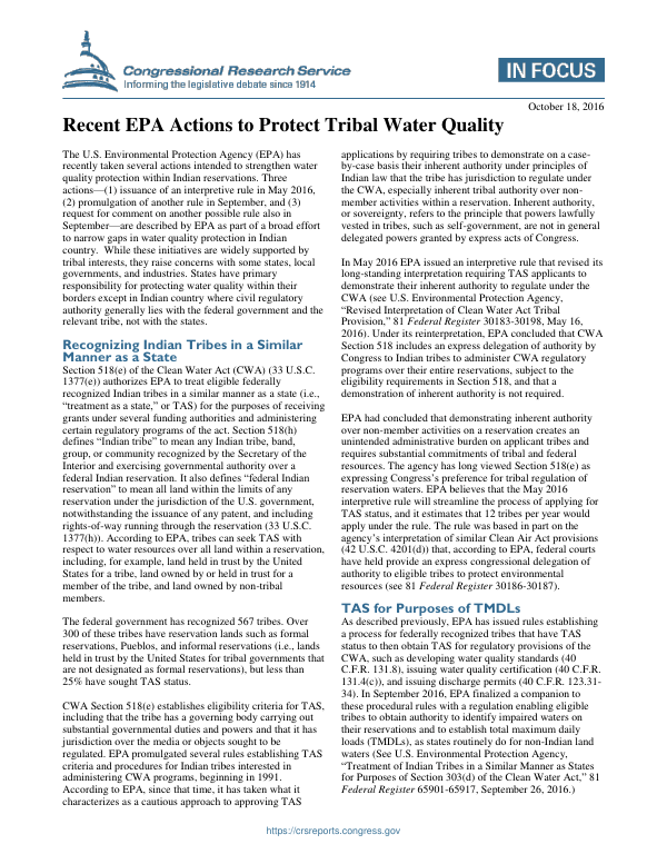 Recent EPA Actions to Protect Tribal Water Quality