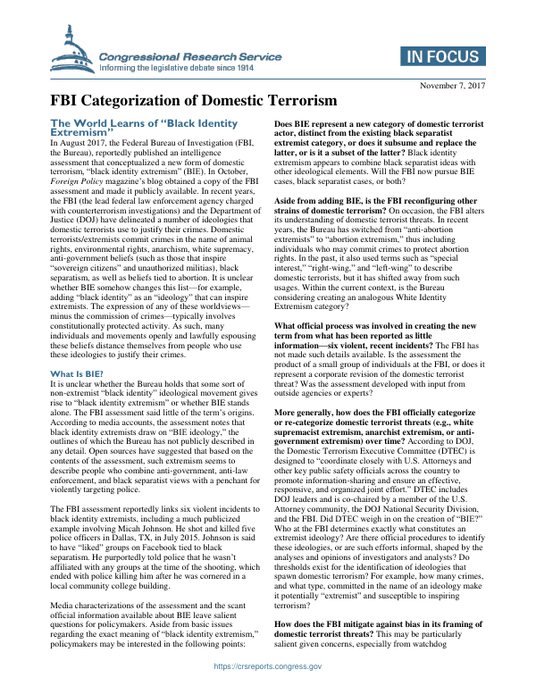 FBI Categorization of Domestic Terrorism