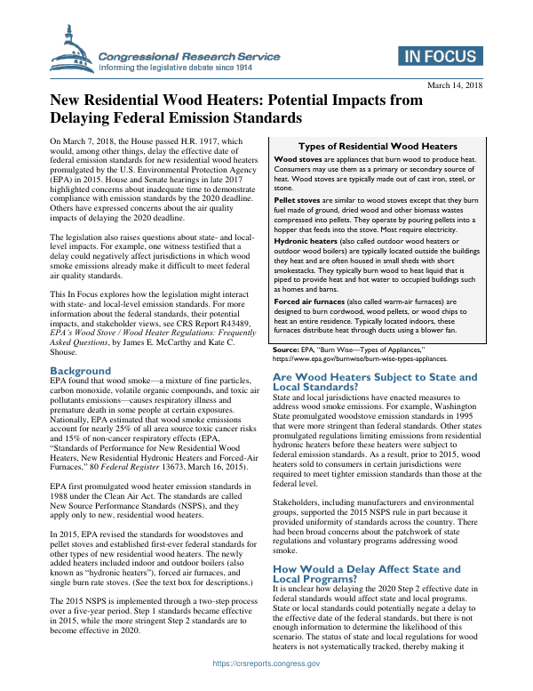 New Residential Wood Heaters Potential Impacts from Delaying Federal