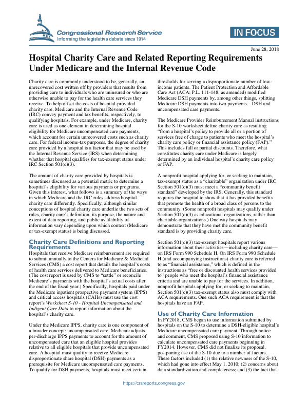 Hospital Charity Care and Related Reporting Requirements Under Medicare