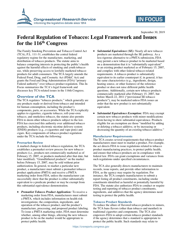 Federal Regulation of Tobacco Legal Framework and Issues for the 116th
