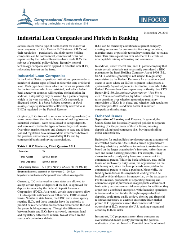 Industrial Loan Companies and Fintech in Banking