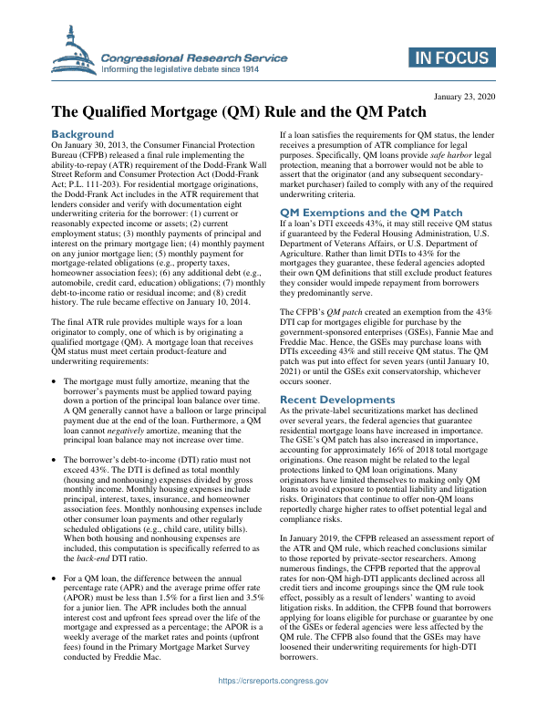 The Qualified Mortgage (QM) Rule and the QM Patch