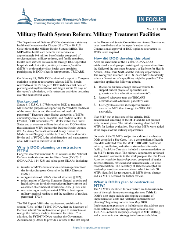 Military Health System Reform Military Treatment Facilities