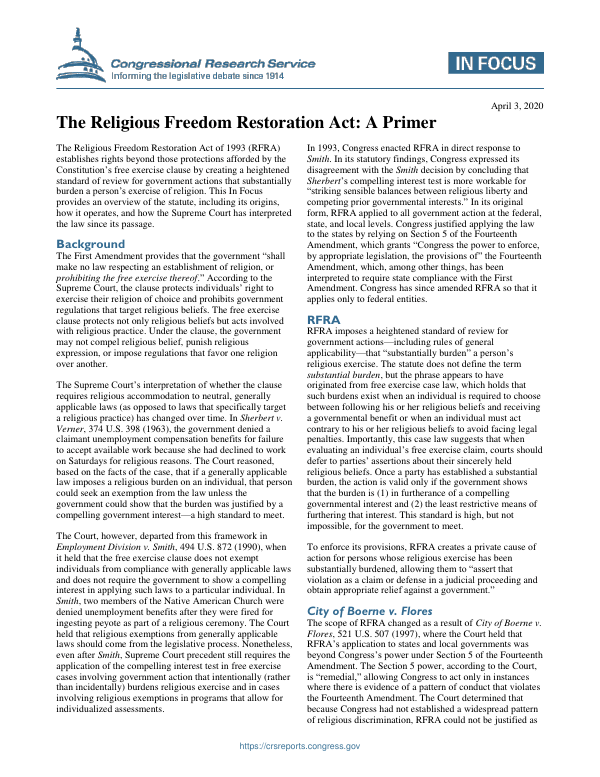 The Religious Freedom Restoration Act A Primer