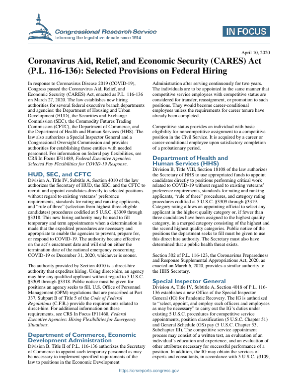 Coronavirus Aid, Relief, and Economic Security (CARES) Act (P.L. 116