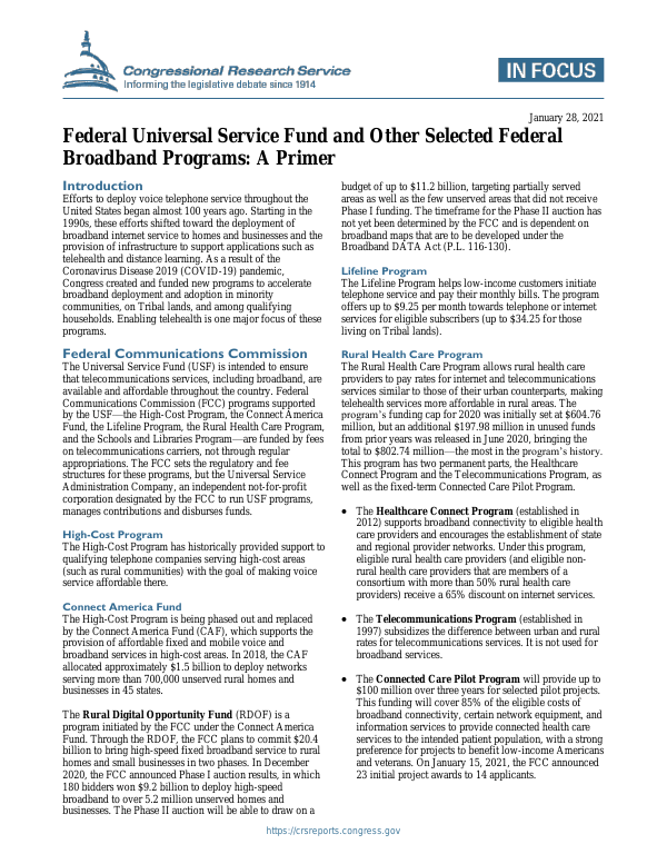 Federal Universal Service Fund and Other Selected Federal Broadband