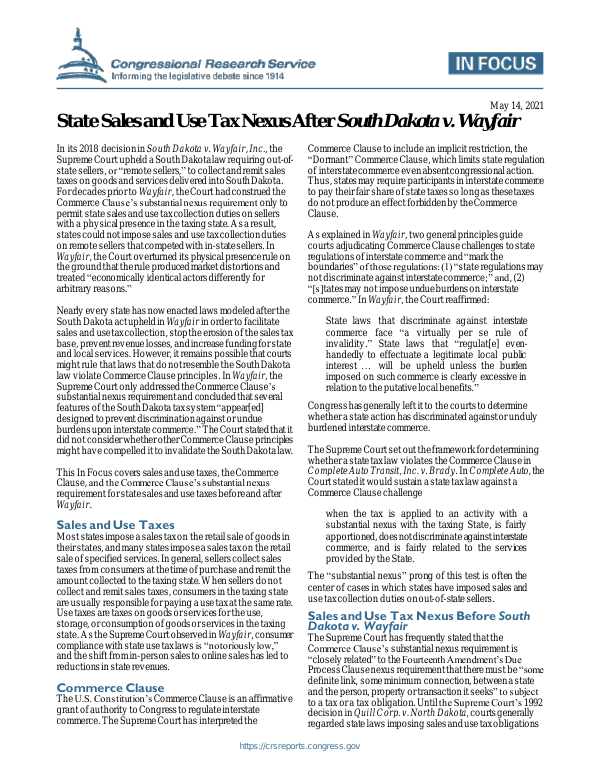 State Sales and Use Tax Nexus After South Dakota v. Wayfair