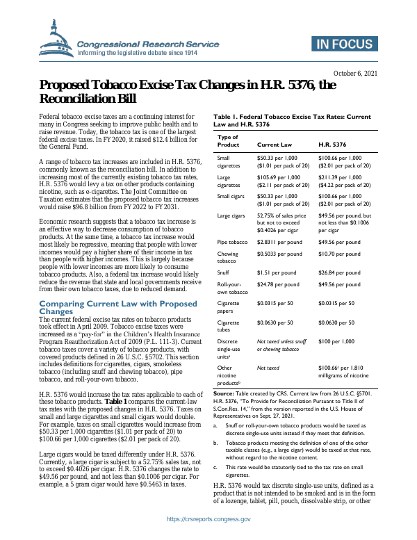 Proposed Tobacco Excise Tax Changes in H.R. 5376, the Reconciliation Bill