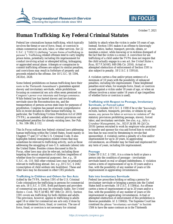 Human Trafficking Key Federal Criminal Statutes