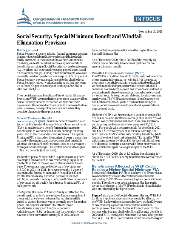 Social Security Special Minimum Benefit and Windfall Elimination Provision