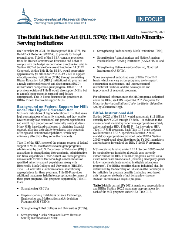 The Build Back Better Act (H.R. 5376) Title II Aid to MinorityServing Institutions