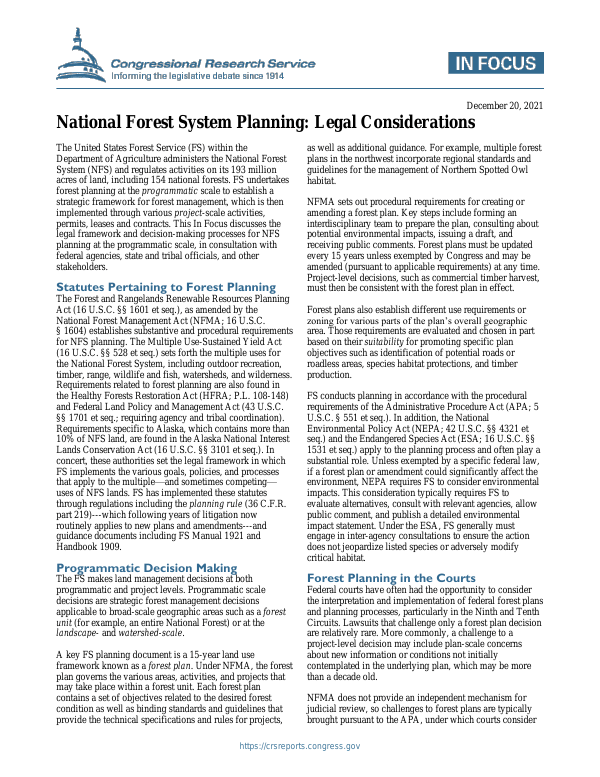 National Forest System Planning Legal Considerations