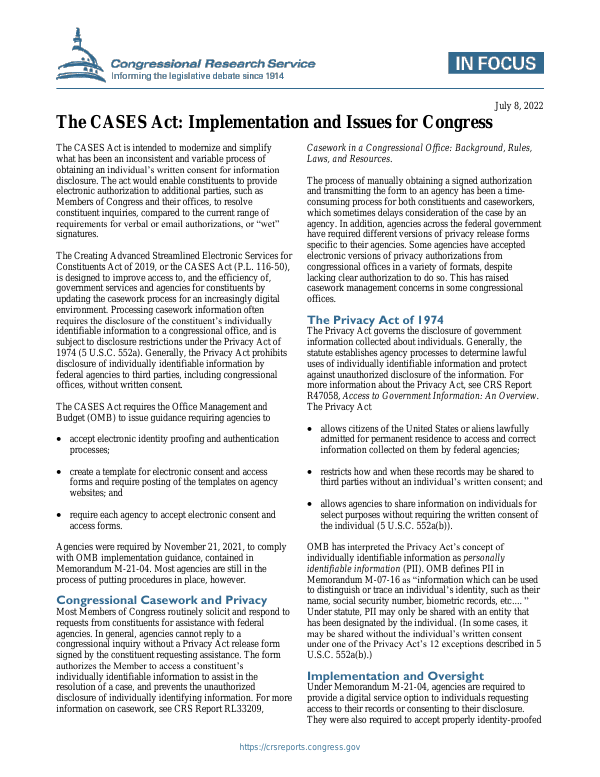 The CASES Act Implementation and Issues for Congress