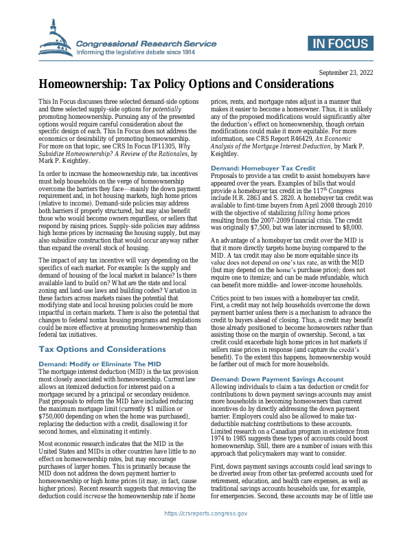 Homeownership Tax Policy Options and Considerations