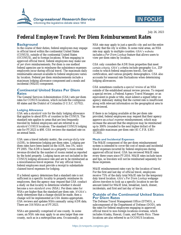 Federal Employee Travel Per Diem Reimbursement Rates
