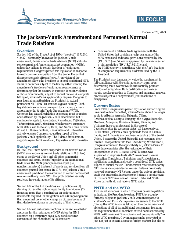 The JacksonVanik Amendment and Permanent Normal Trade Relations