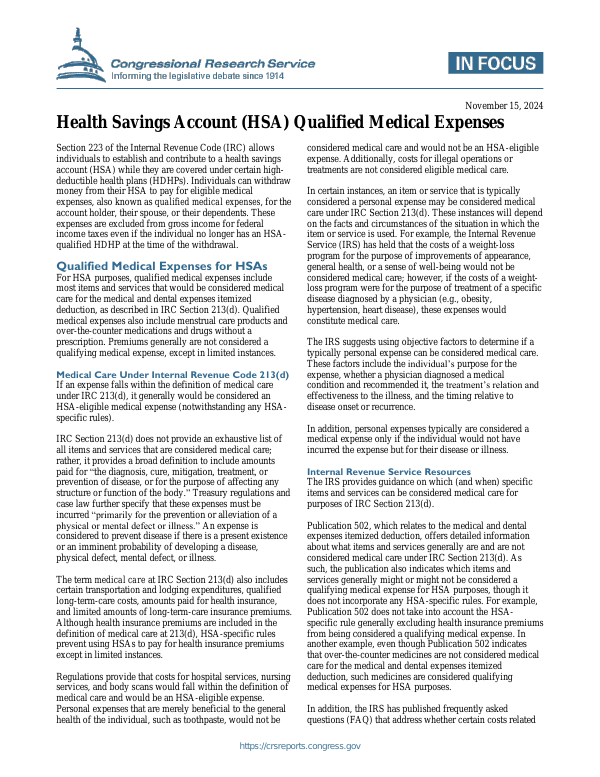 Health Savings Account (HSA) Qualified Medical Expenses