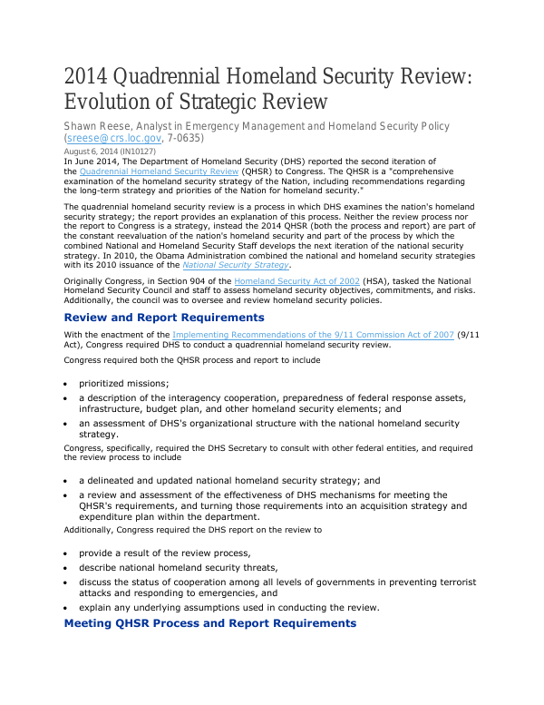 2014 Quadrennial Homeland Security Review Evolution of Strategic