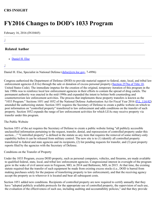 FY2016 Changes to DOD's 1033 Program