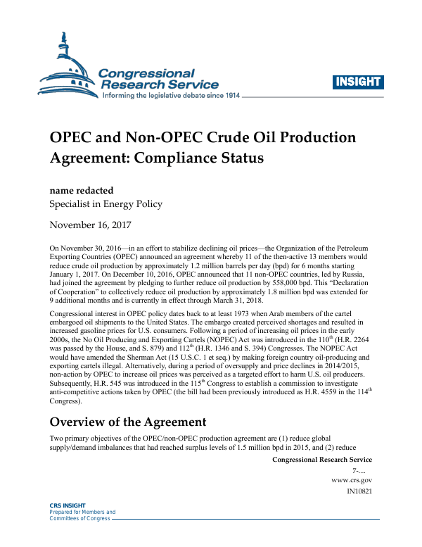OPEC and NonOPEC Crude Oil Production Agreement Compliance Status