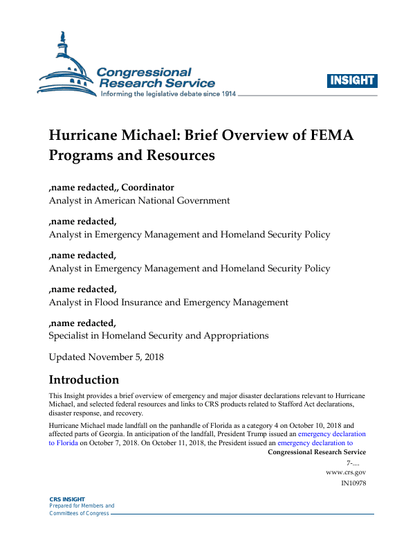 Hurricane Michael Brief Overview of FEMA Programs and Resources