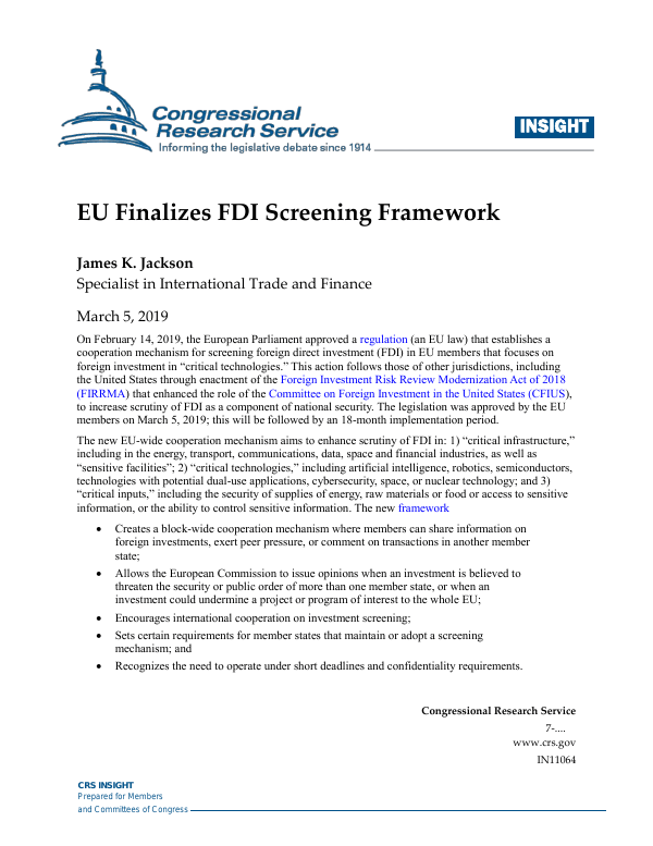 EU Finalizes FDI Screening Framework