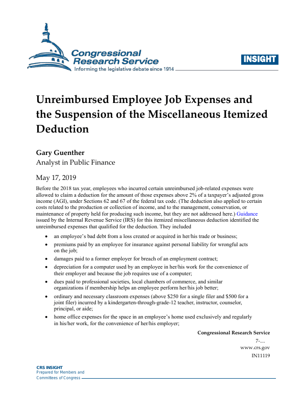 Unreimbursed Employee Job Expenses and the Suspension of the Miscellaneous Itemized Deduction