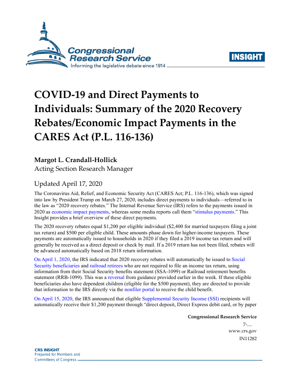 COVID19 and Direct Payments to Individuals Summary of the 2020