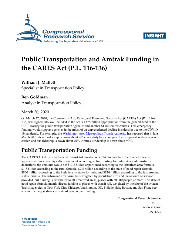 Public Transportation and Amtrak Funding in the CARES Act (P.L. 116136