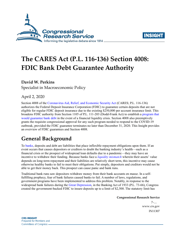 The CARES Act (P.L. 116136) Section 4008 FDIC Bank Debt Guarantee