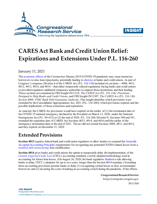 CARES Act Bank and Credit Union Relief Expirations and Extensions