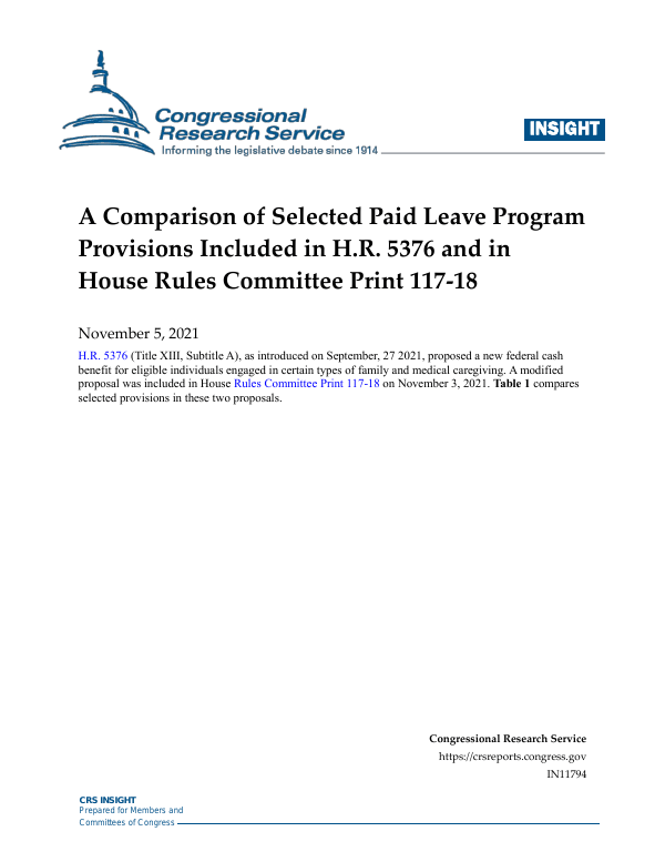 A Comparison of Selected Paid Leave Program Provisions Included in H.R