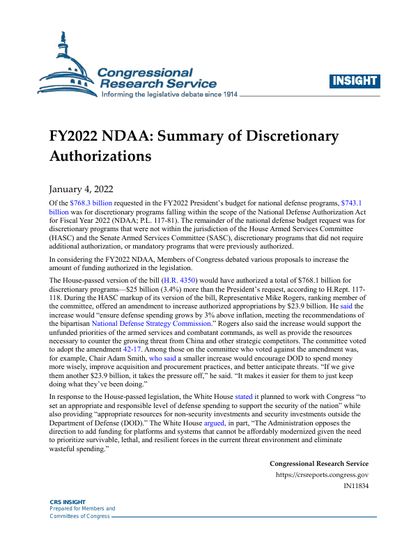 FY2022 NDAA Summary of Discretionary Authorizations