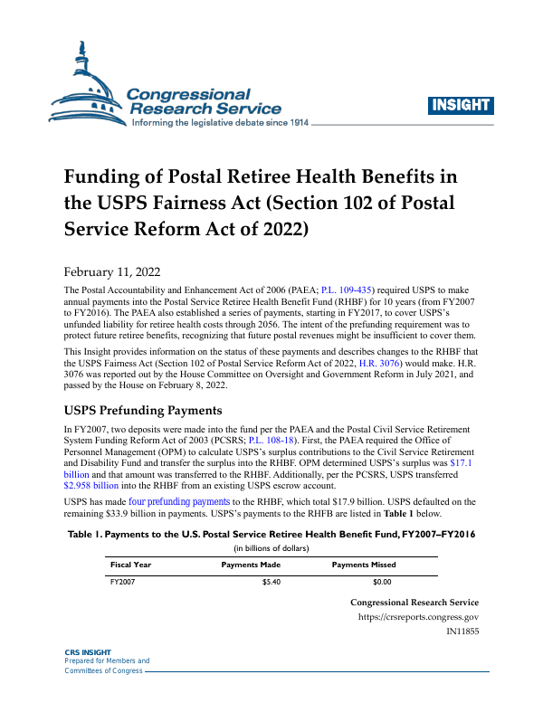 Funding of Postal Retiree Health Benefits in the USPS Fairness Act