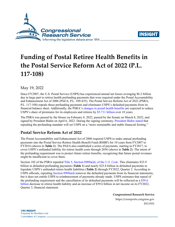 Funding of Postal Retiree Health Benefits in the Postal Service Reform