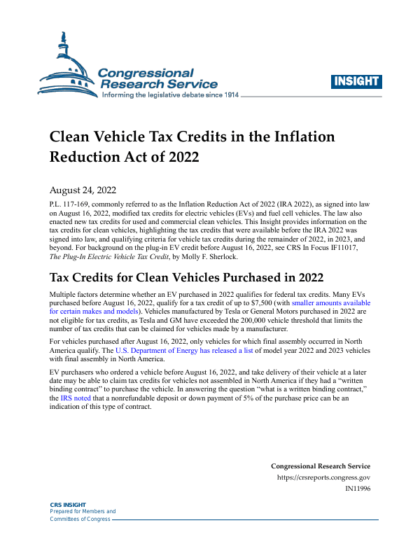 Clean Vehicle Tax Credits in the Inflation Reduction Act of 2022