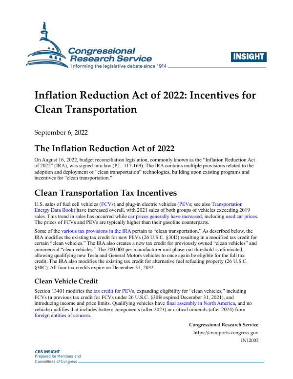 Inflation Reduction Act of 2022 Incentives for Clean Transportation