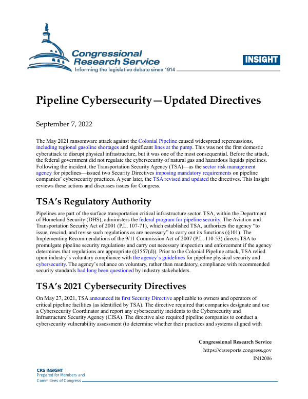 Pipeline Cybersecurity—Updated Directives