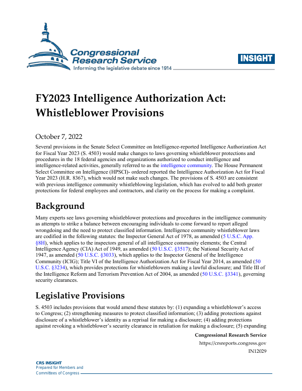 FY2023 Intelligence Authorization Act Whistleblower Provisions
