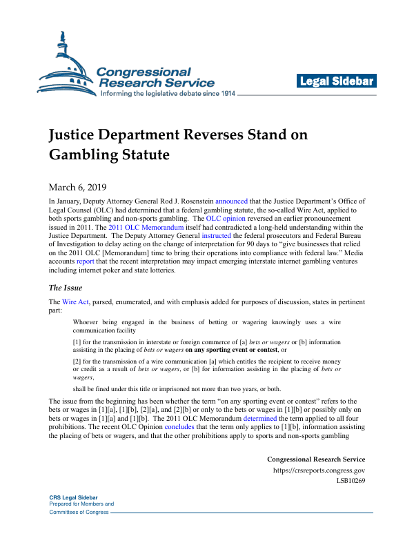 Justice Department Reverses Stand on Gambling Statute