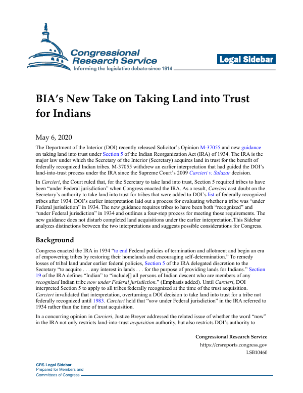 BIA’s New Take on Taking Land into Trust for Indians