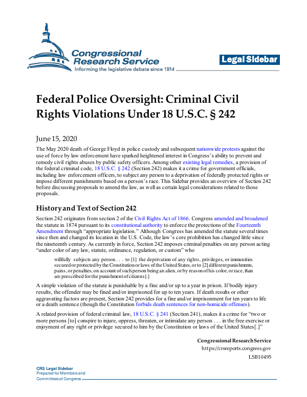 Federal Police Oversight Criminal Civil Rights Violations Under 18 U.S
