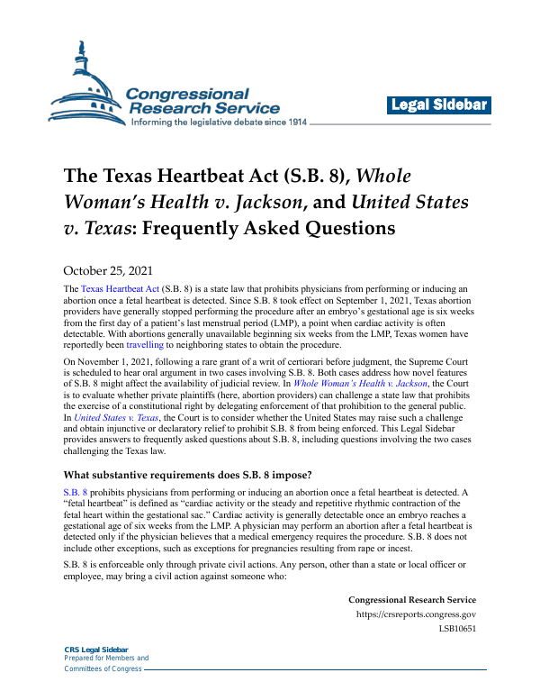 The Texas Heartbeat Act (S.B. 8), Whole Woman’s Health v. Jackson, and