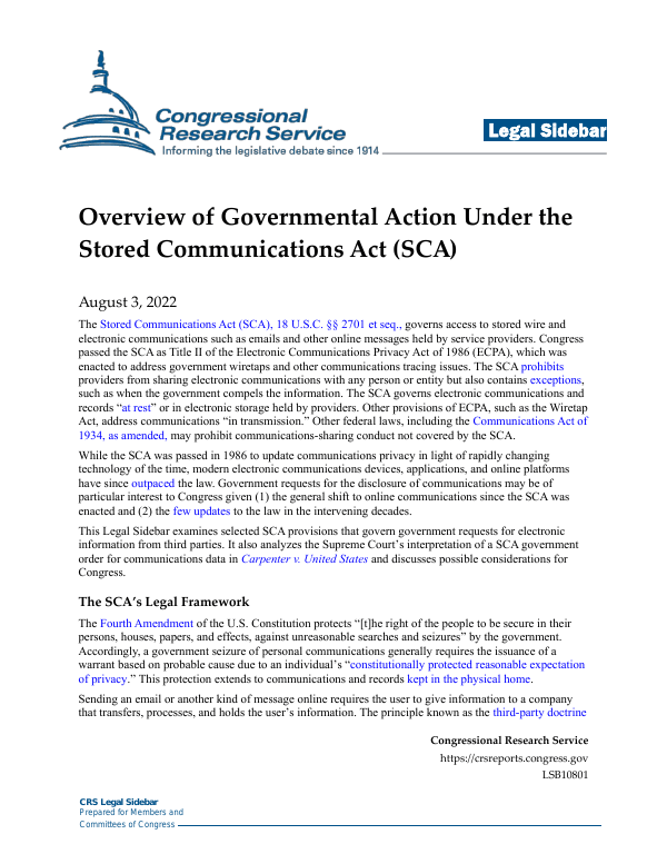Overview of Governmental Action Under the Stored Communications Act
