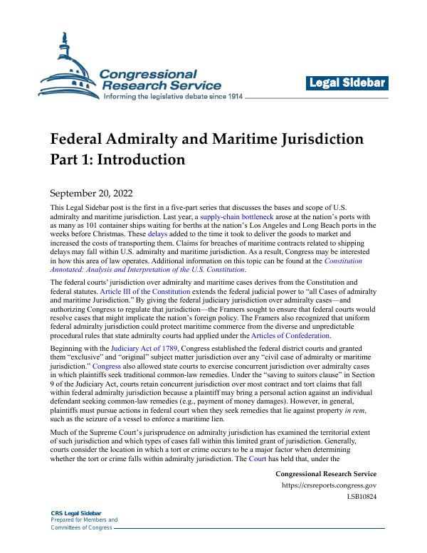 Federal Admiralty and Maritime Jurisdiction Part 1 Introduction